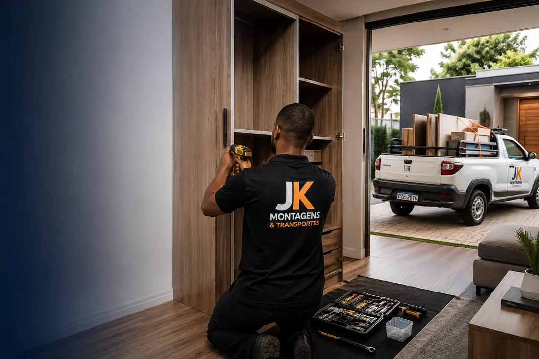 Montador da JK Montagens montando guarda-roupa com a Fiat Strada própria ao fundo em Belo Horizonte